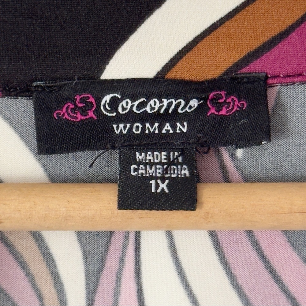 Cocomo Tunic Blouse Womens 1X Pink Black V Neck 3/4 Roll Tab Sleeve Swirl Hippie - Picture 3 of 11